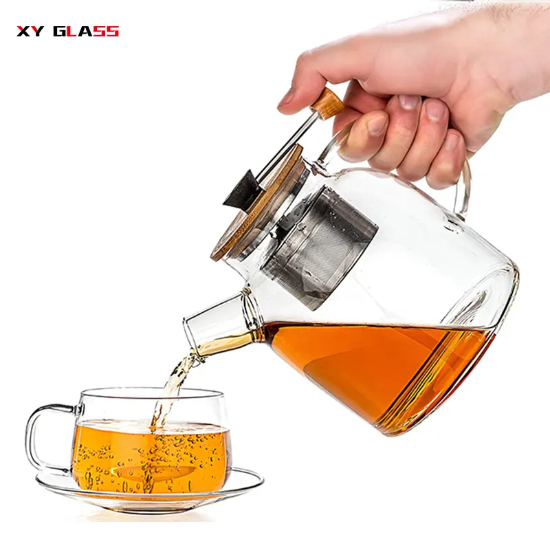 उच्च बनाने की क्रिया बांस ढक्कन के साथ स्पष्ट खाना पकाने ग्लास ऊपर खींचो चाय टोकरी फिल्टर पॉट
