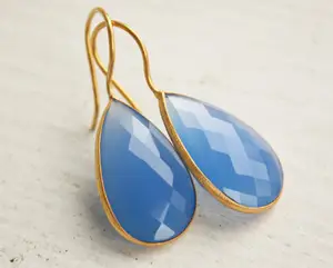 925 Sterling Zilver Blauw Chalcedoon Edelsteen Handgemaakte Vermeil Gouden Oorbellen