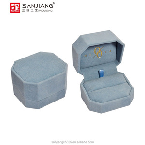 Custom gold foil logo ring box wood jewelry box magnetic light blue velvet ring box