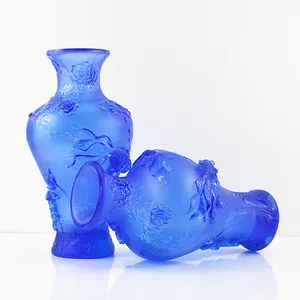 कांच vases थोक सस्ते कस्टम डिजाइन कांच की बोतल नीले कला ग्लास फूल बोतल
