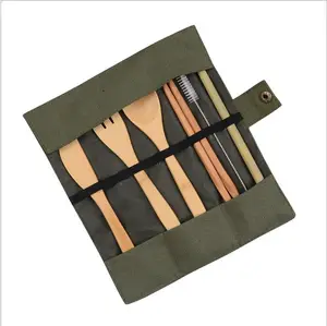 Gran oferta de <span class=keywords><strong>cubiertos</strong></span> de bambú, 7 unids/set con tenedores, cuchara, cuchillo, palillos, paja de bambú y limpiador de cepillos - Product Image 1