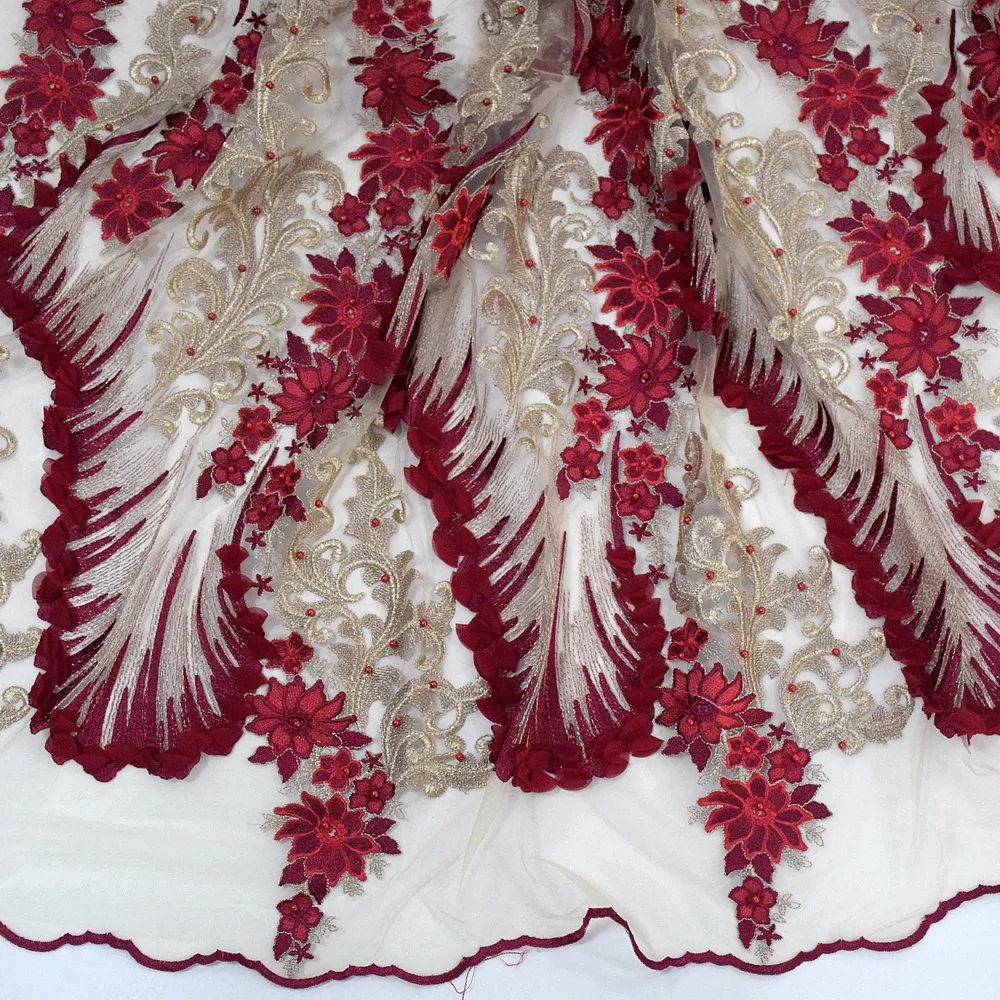 HOT SALE leuchtend rote Spitze Kleid indischen Stoff Stickerei mit Perlen Mesh Spitze für Hochzeits kleid HY0799-5