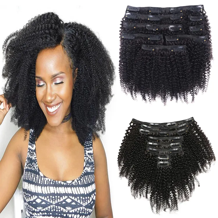 Afro kinky Curly Clip In Human Hair Extensions Natural Color Kinky Straight Remy Hair Clip In Extensions