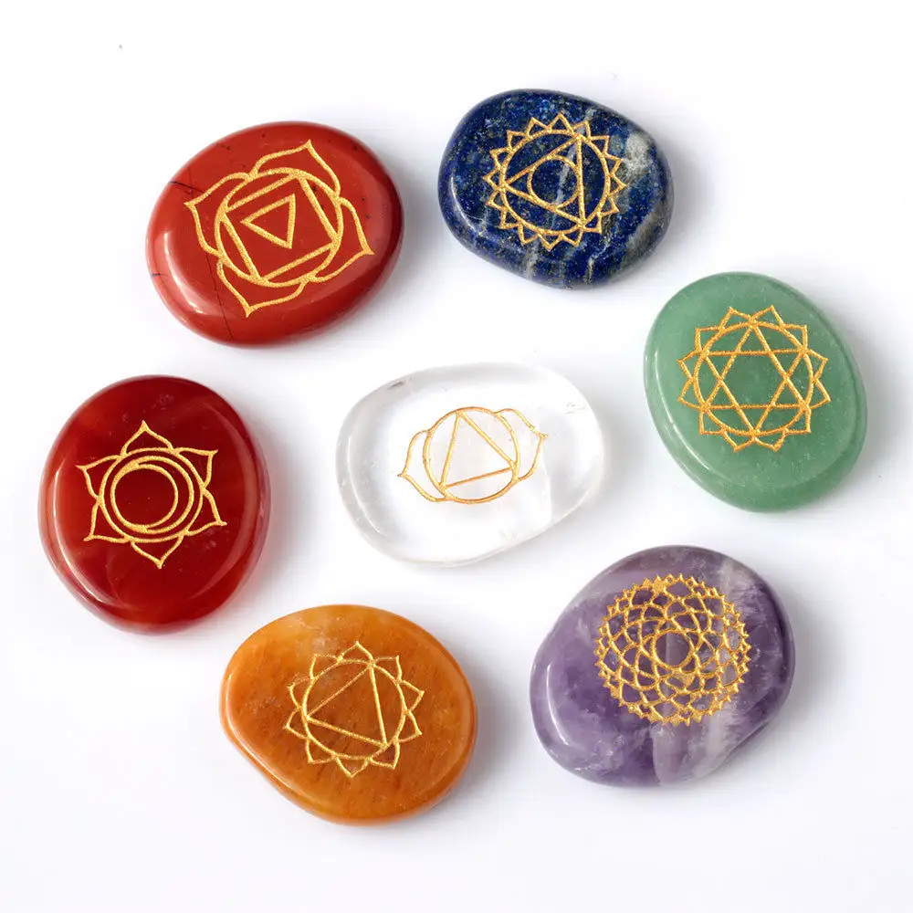 Commercio all'ingrosso Della Pietra Preziosa Pocket pietra Palma Pietre 7 Chakra stone Set con le parole