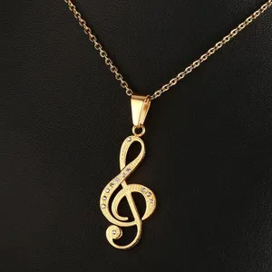 IP plating mirror polished stainless steel music mote diamond pendant necklace