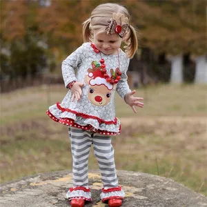 HYB41 الاطفال طفلة ملابس عيد الميلاد الغزلان تي شيرت قمم سراويل مخططة الأميرة ملابس عيد الميلاد