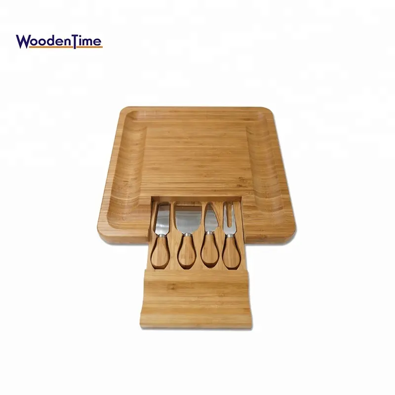Placa de corte de bambu para cozinha, conjunto de utensílios de cozinha natural de alta qualidade para pizza, queijo, lâmina com 4 facas