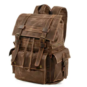 Large Capacity Vintage Backpack Oil Waxed Canvas With Crazy Horse Leather Bag Men's Outdoor Travel Hiking Backpacks