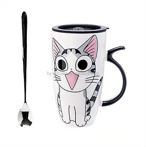 可爱猫风格陶瓷杯带盖勺子卡通创意Moring马克杯牛奶咖啡茶独特瓷杯600毫升