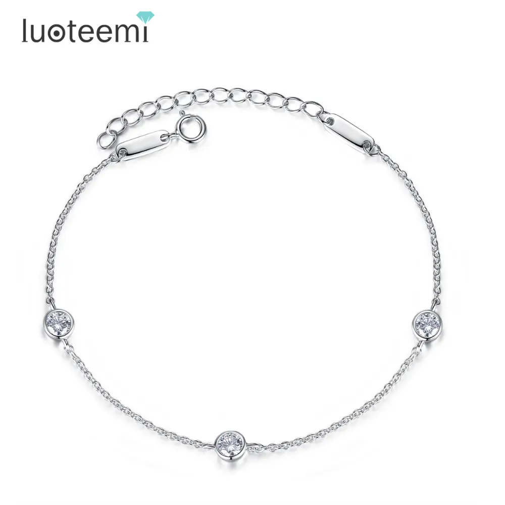 LUOTEEMI Wholesale Stock Women Fashion Hot Sale Shiny CZ Crystal Real 925 Sterling Silver Charm Link Chain Bracelets