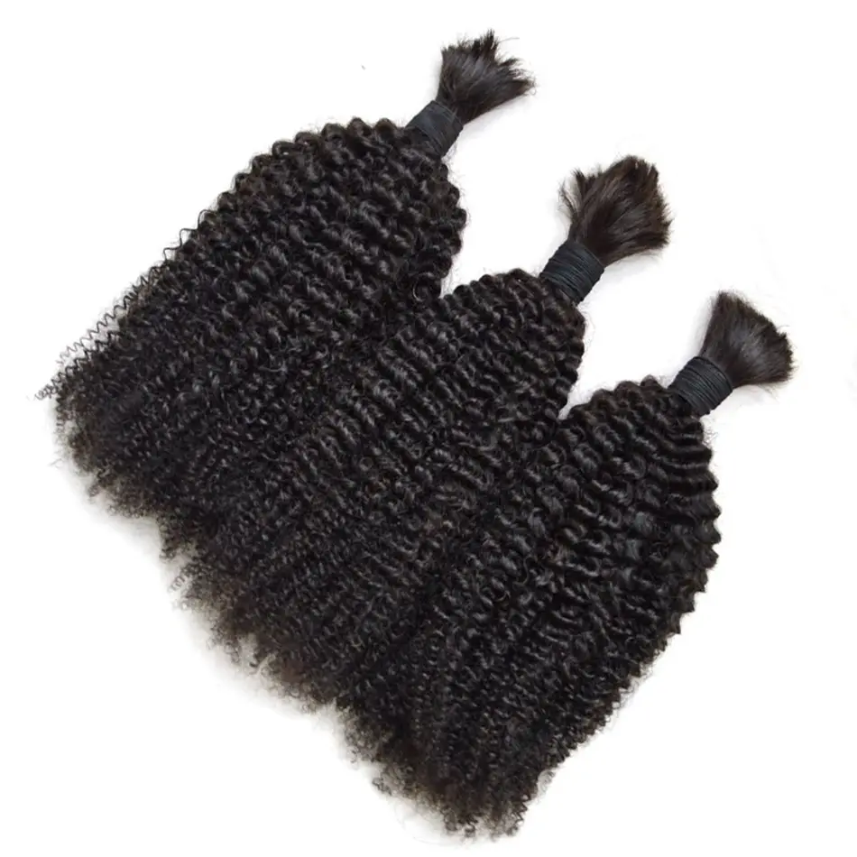 3バンドルブラジルのアフロキンキーカーリーバルク髪人間の髪を編むためのヘアエクステンションの横糸編組なし
