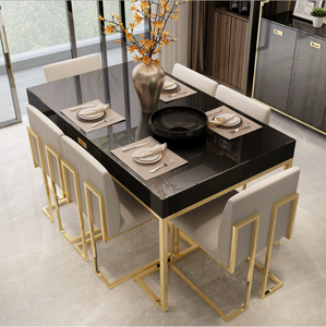 Mesa de comedor de mármol y madera, Marco clásico de acero inoxidable, alto brillo, 6 sillas, juego de muebles - Product Image 3