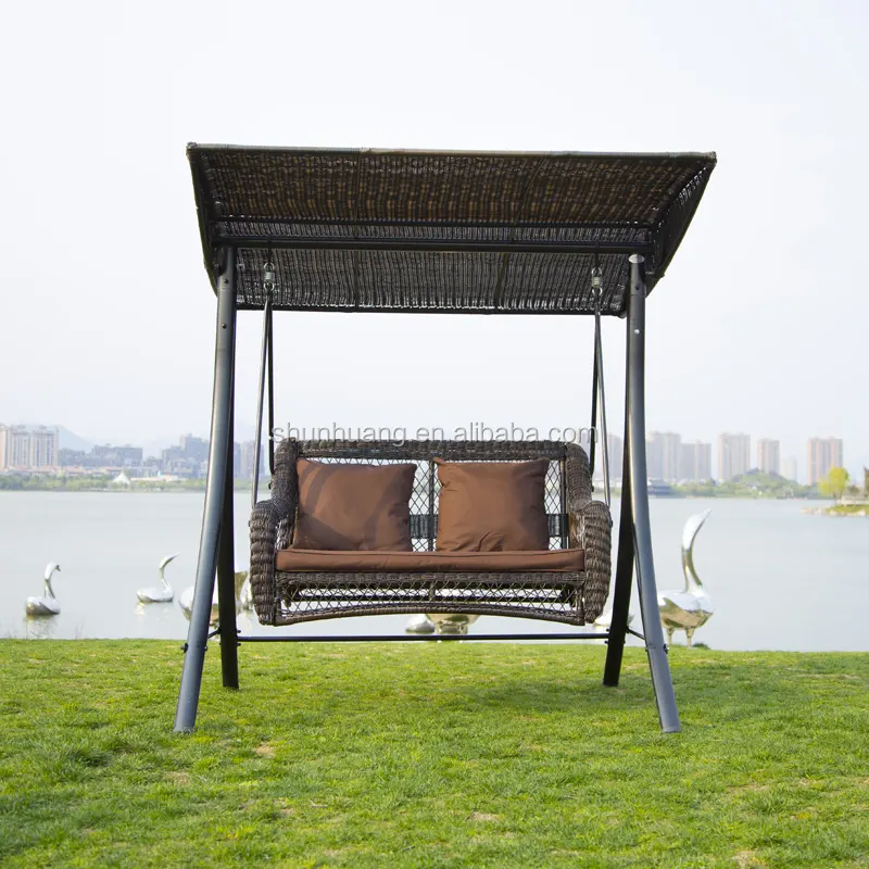 New arrival metal wicker hanging swing chair 2 seat for adult cushion with canopy outdoor furniture