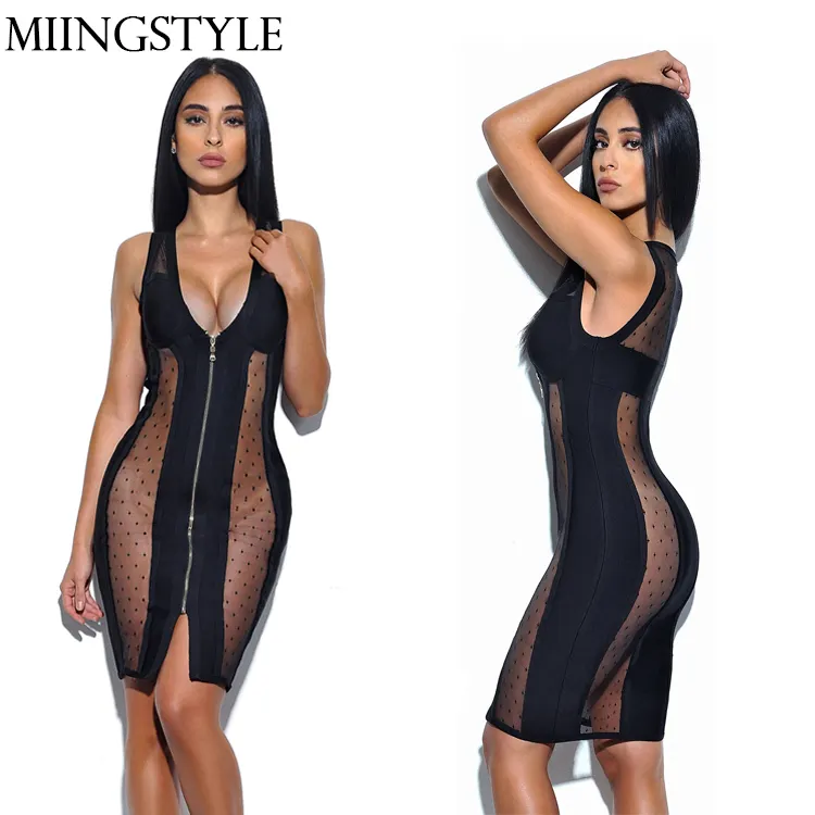 Nueva llegada negro neto vendaje con cremallera frontal sexy ropa vestido