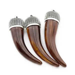 JF6959 Hotsale Brown Burnished Acrylic Horn Pendant with Alloy tips, Long Tusk Pendant, Retro Vintage Pendant