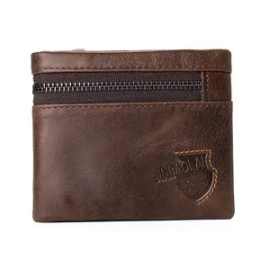 JINBAOLAI brand leather zip men wallet brown leather coin purse factory custom cow leather coin wallet
