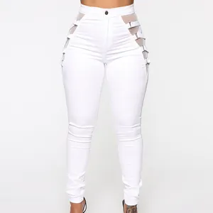 Custom cheap price mesh lace jeans wholesale ladies white jeans