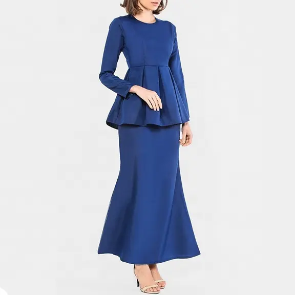 ยอดนิยมเสื้อผ้ามุสลิมชื่อมาเลเซียสีน้ำเงินเข้ม Baju Kurung Peplum