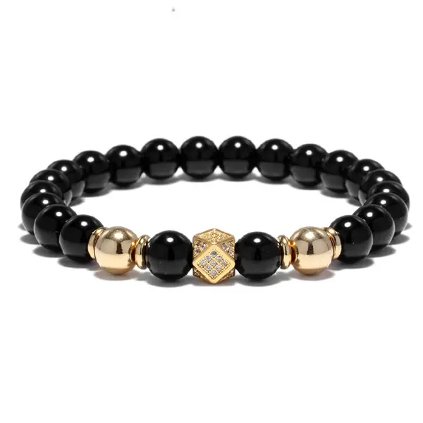 Bijoux Faits à la main Élastique Micro Pavé CZ Perle Charme Bracelet Ajustement Haltère Charme Noir Onyx Bracelets De Rive