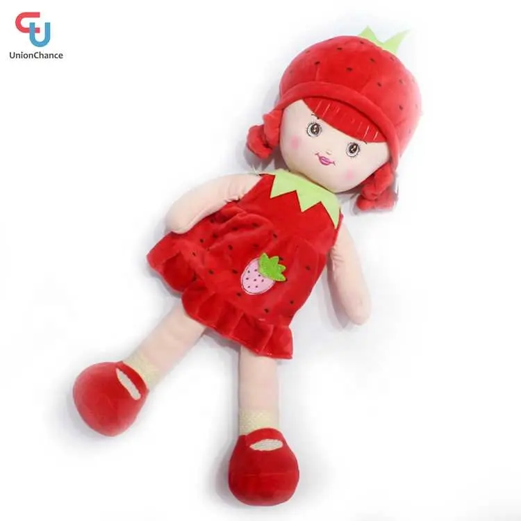 लाल स्ट्रॉबेरी डिजाइन कढ़ाई आलीशान बच्ची गुड़िया खिलौने जापानी शैली गुड़िया लड़कियों के लिए