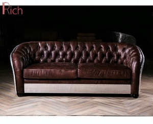 Mid Century European Retro Style Vintage PU Leather <strong>Sofa</strong> <strong>Set</strong> with Aluminum Decor for Home Living Room Bar Club Hotel Villa Use - Product Image 2