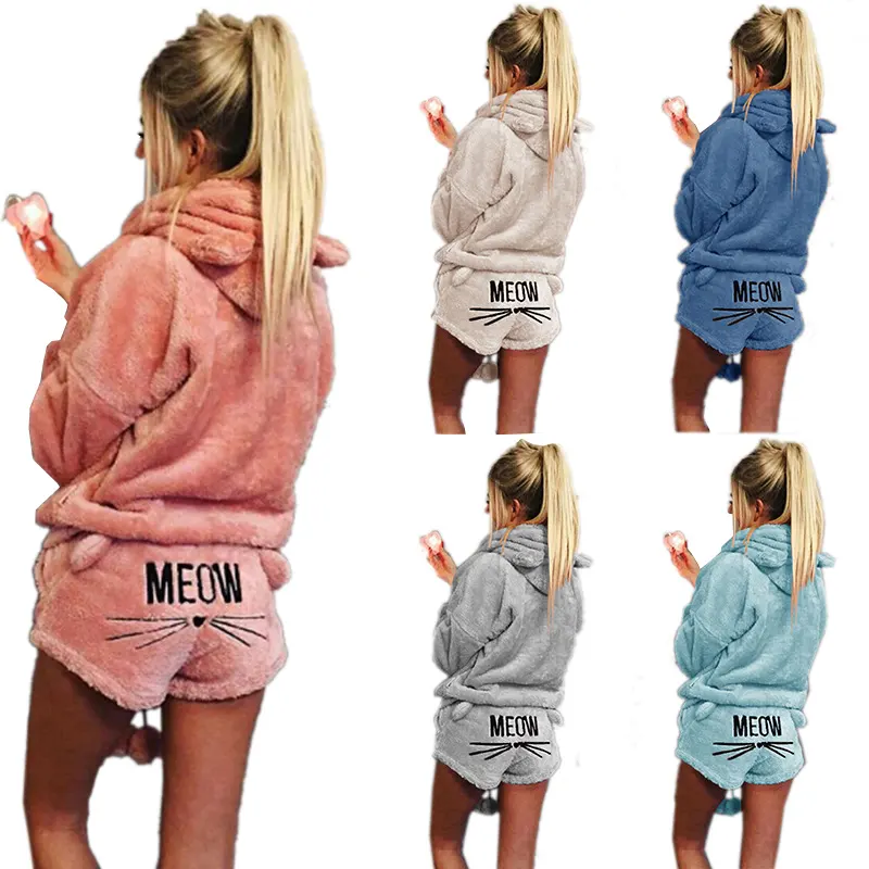 10% off S-5XL Women Coral Velvet Suit Two Piece Autumn Winter Homewear Animal Pajamas Warm Sleepwear Cute Cat Hoodies Shorts Set