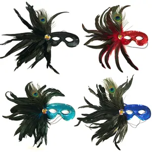 Kostum Pesta Topeng Venetian, Masker Setengah Wajah Confetti Bulu Merak Buatan