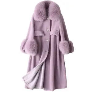 Women Overcoat Real Fox Fur Collar and Cuffs Teddy Jacket Wholesale Sheep Skin Fur Coat Long Real Sheep Shearling Coat for Women