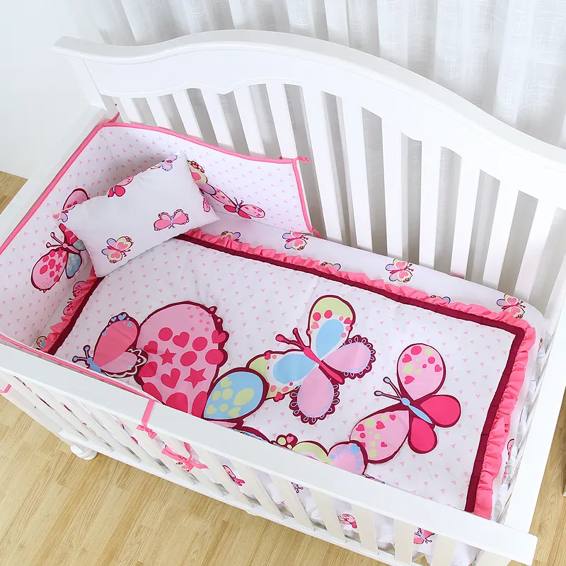 Pink cartoon butterfly pattern newborn baby bed set floral crib bedding