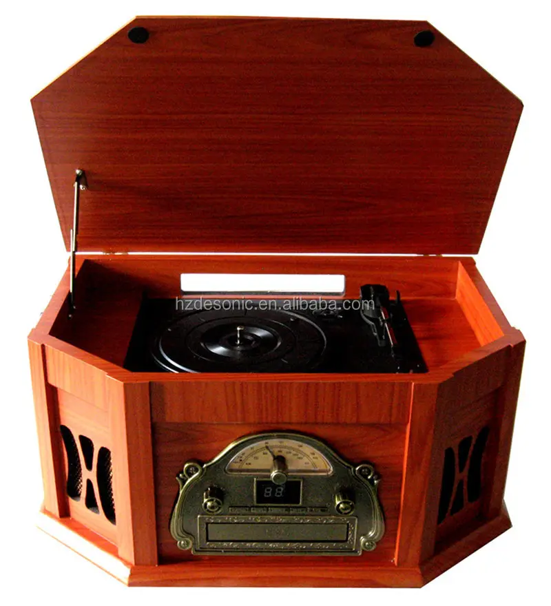 TOCADISCOS retro de madera de aspecto antiguo de nuevo diseño con radio, radio antigua am fm de madera