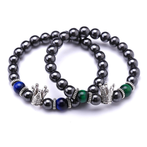 Wholesale 8mm Hematite Tiger Eye Crown <strong>Bracelet</strong> Silver Magnetic <strong>Bracelets</strong> with <strong>Gold</strong> Plated Crystal and <strong>Pearl</strong> for Women and Men - Product Image 2