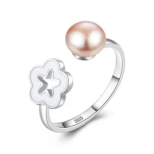 CZCITY Woman Genuine 925 Sterling Silver Adjustable Party Fine Jewelry Flower Pearl Lady Finger Resizable Ring