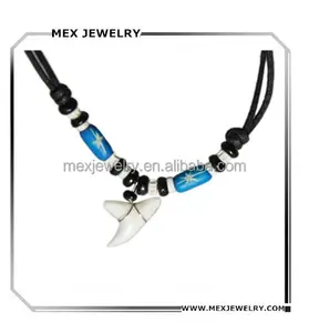 Resin beach surfer leather adjustable blue bead shark tooth pendant necklace for men