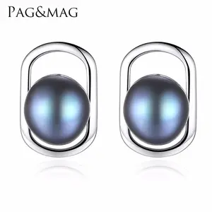 Pag & Mag新设计纯银椭圆形箍形饰钉耳环与Freshewter珍珠耳环女性派对礼物