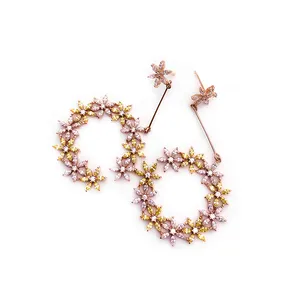 Pendientes de plata con flor grabada hueca, modelos de anillo de oreja, Color amarillo y rosa, Cz