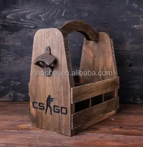 Custom logo wholesale vintage wooden beer caddy 6 bottles carrier