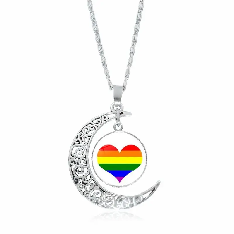 Joyería de Orgullo gay, collar con colgante LGBT de arco iris de luna creciente de cristal cabujón