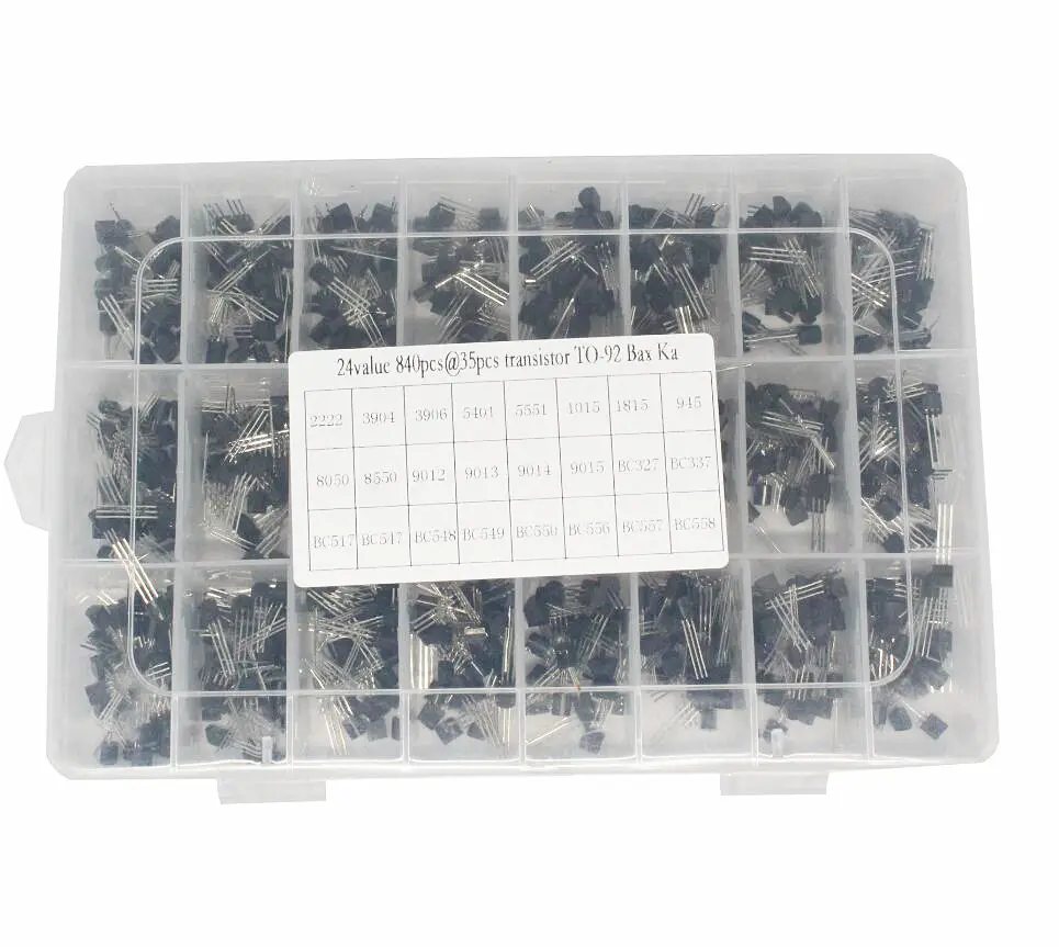 840pc/set 24Values TO-92 Transistor Assortment Kit BC327 BC337 BC547 transistor 2N2222 3904 3906 C945 PNP/NPN transistors pack