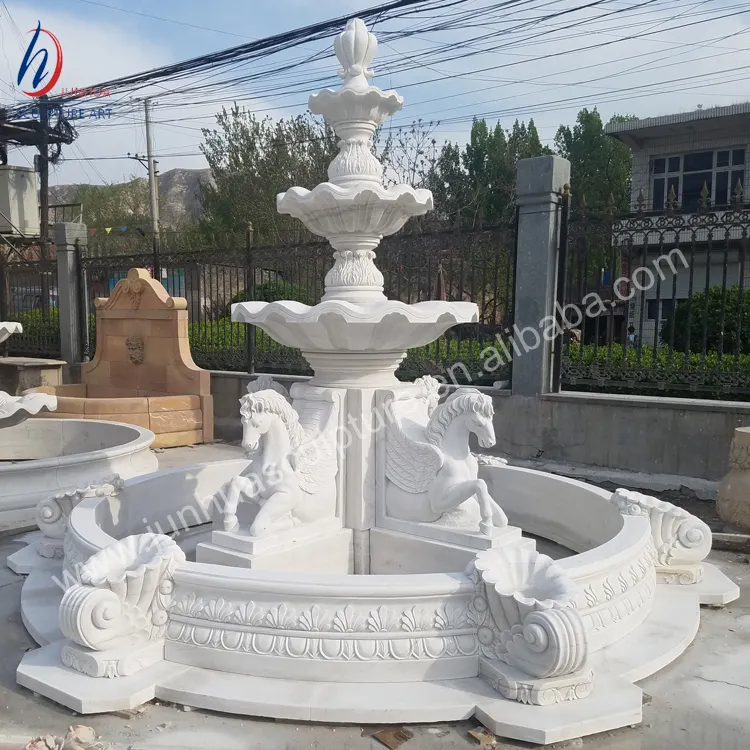 Pabrik Cina Taman Luar Ruangan Air Mancur Air Marmer Putih dengan Empat Patung Kuda