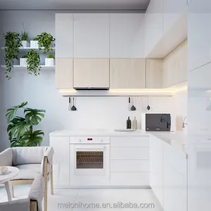 현대 높은 광택 흰색 옻칠 핸드리스 주방 캐비닛 석영 돌 합판 문 아파트 집