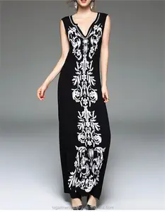 Elegant Embroidery Maxi Dress Sexy V Neck Black Evening Dresses STb-1012