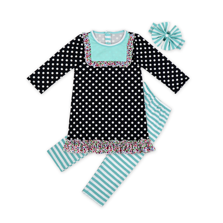 Пользовательские повседневные с принтом в горошек черное платье и штаны в полоску комплект одежды для девочек