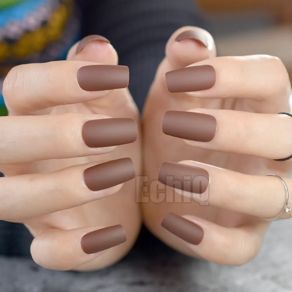 Matte Cà Phê Nâu Đầu Vuông Móng Tay Giả Trung Dài Full Bìa Sô Cô La Móng Tay Giả Acrylic Nail Mẹo Fuax Ongles Ngón Tay Nghệ Thuật