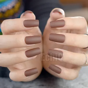 Matte Coffee Brown Square Head False Nails Middle-long Full Cover Chocolate Fake Nail Acrylic Nail Tips Fuax Ongles Finger Art