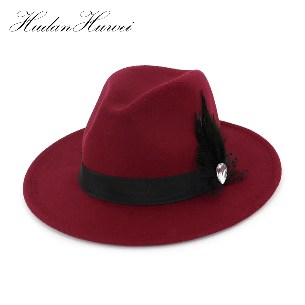 Chapéu de feltro da moda, chapéu de feltro fedora para decoração de penas e de aba larga