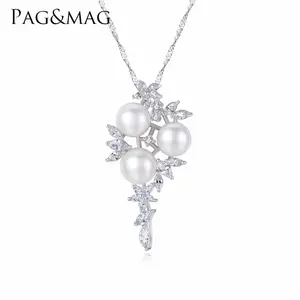 PAG&MAG New Arrivals S925 Sterling Silver Dangle Blossom Choker Mounting Three Natural Pearls Pendant Necklace For Women Gift