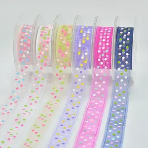 ขายส่งที่กำหนดเอง sheer polka dots organza ribbon & spotted dot ริบบิ้นริบบิ้นโลโก้