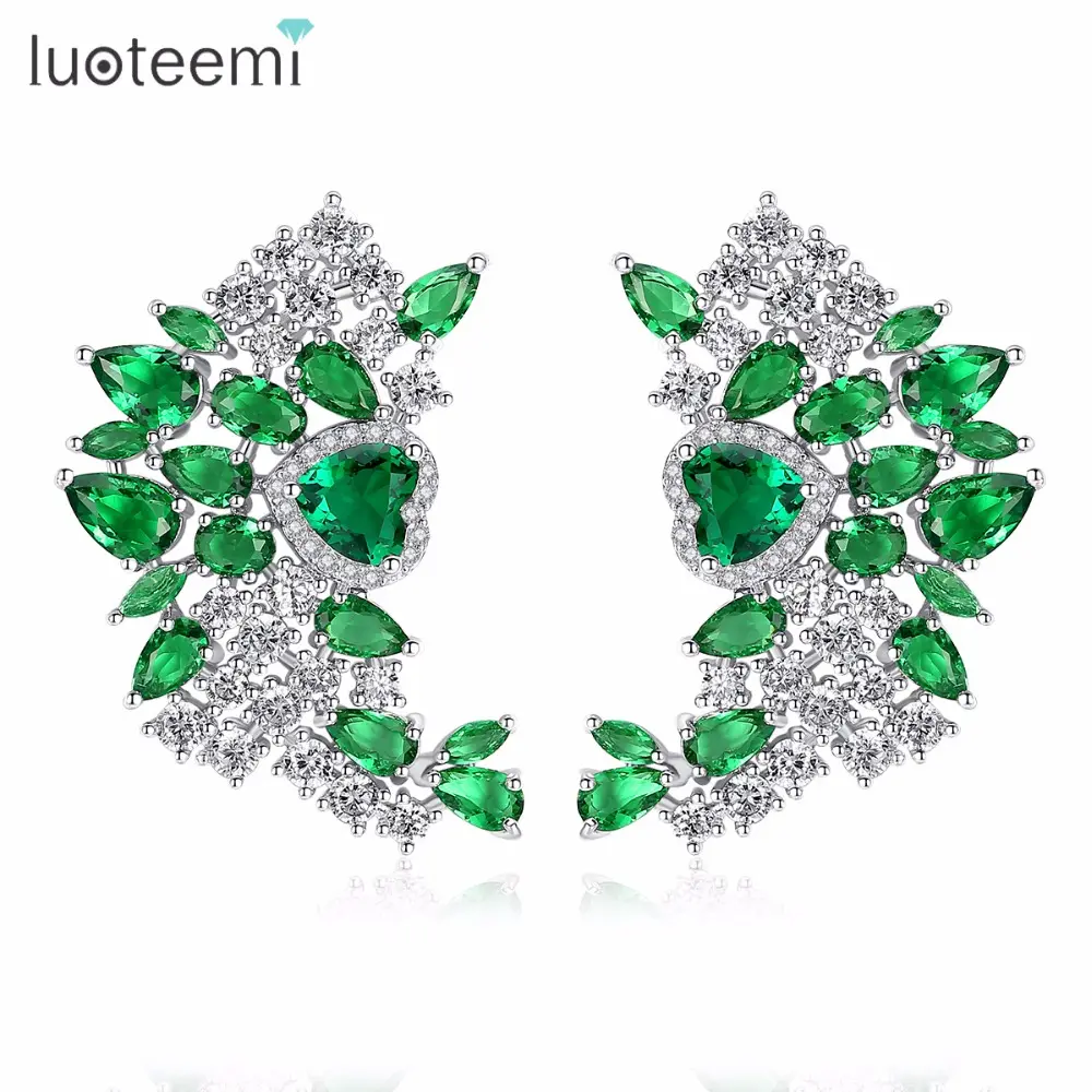 LUOTEEMI Fashion Trend Brass Jewelry Mixed Green Clear Geometric Cubic Zirconia Heart Shape Stud Earrings For Women
