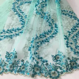 Nuovo stile blu ricamo a mano di paillettes e in rilievo di tulle del merletto del tessuto per il vestito o da sposa, top di modo brillante tessuto del ricamo