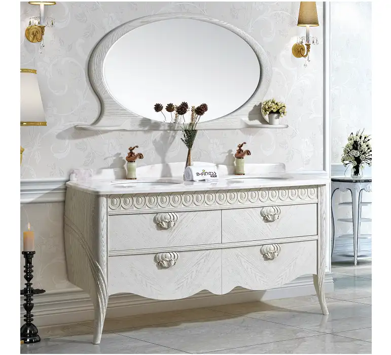 D-finess antique style bathroom vanity with ceramic double sink white oak wood jade marble bathroom cabinet H611-2